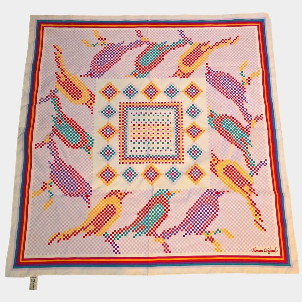 Vintage Florian Original Pixel Art Bird Scarf Large Colorful 8-Bit Retro Japan